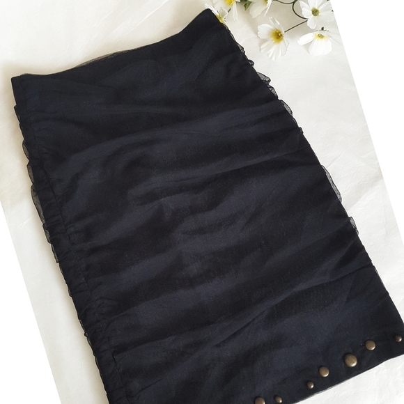 Vtg 90's Le Chateau Skirt💥Stretchy Black Dark Denim Sheer Organza Skirt - Picture 2 of 3